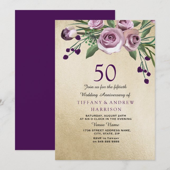 Invitation 50e anniversaire de mariage Rose Violet (Devant / Derrière)