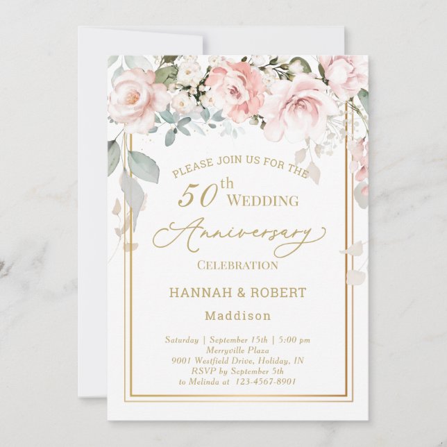 Invitation 50e anniversaire de mariage Roses blanc (Devant)