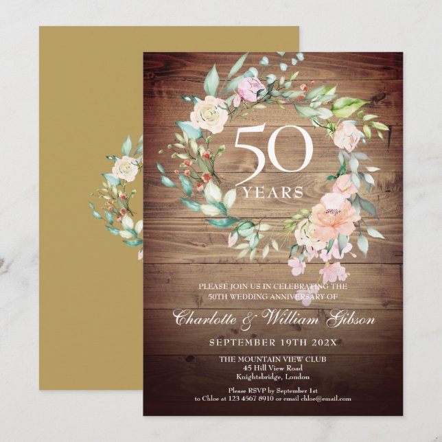 Invitation 50e anniversaire de mariage Roses florales rustiqu (Devant / Derrière)