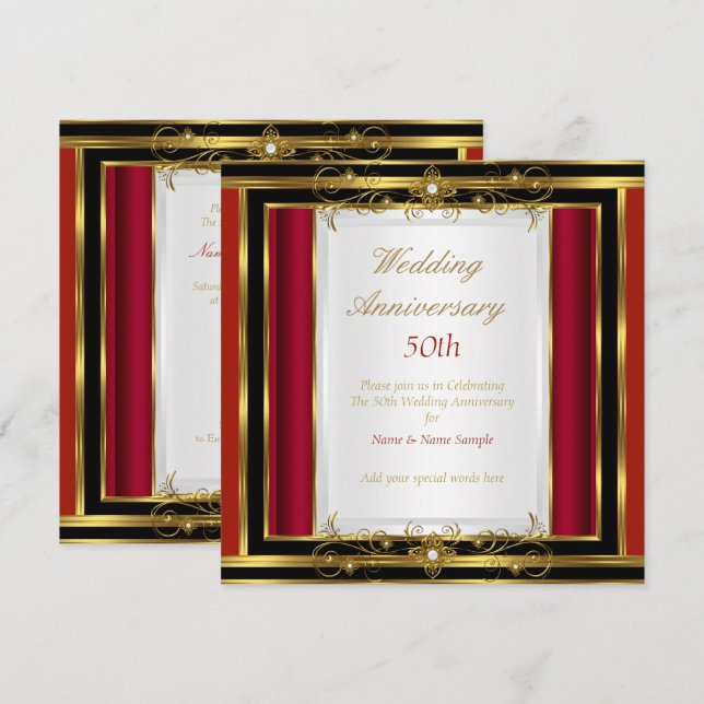 Invitation 50e anniversaire de mariage Rouge Or Noir Blanc (Devant / Derrière)
