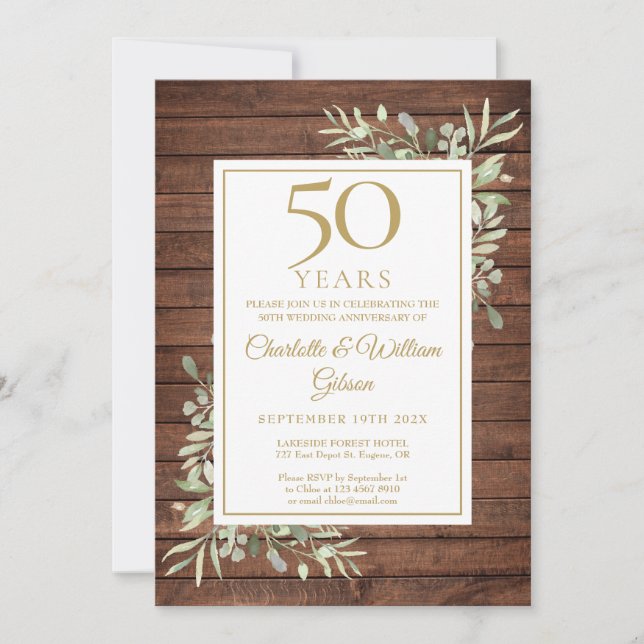 Invitation 50e anniversaire de mariage Rustique Bois Verdure  (Devant)