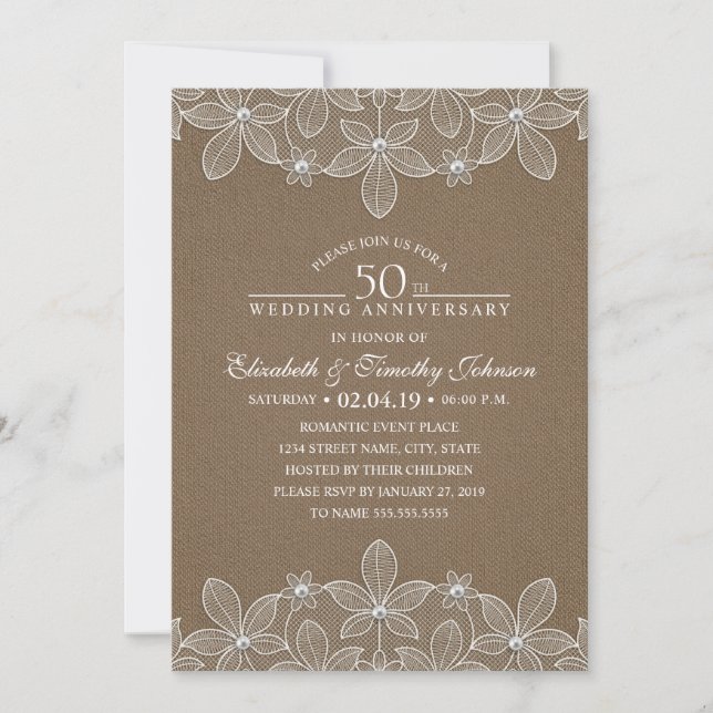 Invitation 50e anniversaire de mariage Rustique Foncé Toile d (Devant)