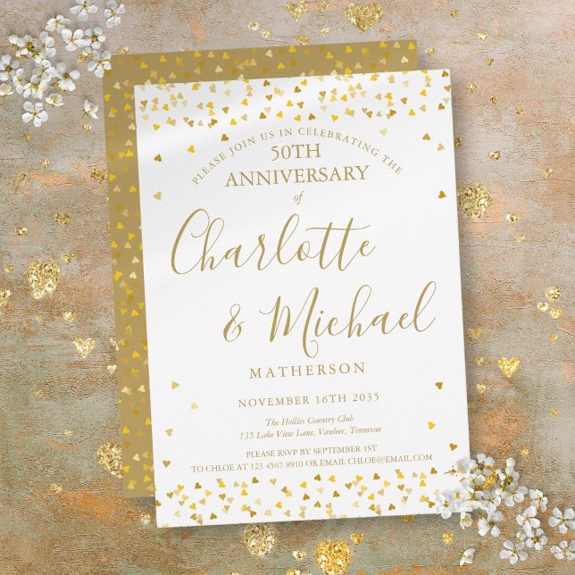 Invitation 50e anniversaire de mariage Signature coeurs dorés (50th Wedding Anniversary Golden Hearts Signature Invitation)