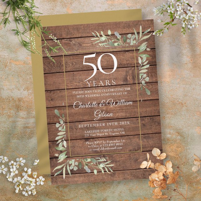 Invitation 50e anniversaire de mariage Verdure Bois rustique (50th Wedding Anniversary Greenery Rustic Wood Invitation)