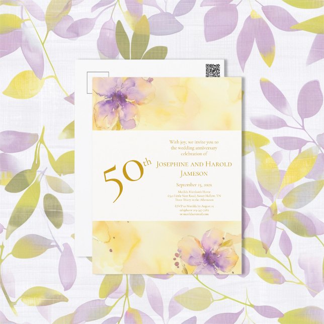 Invitation 50e anniversaire de mariage Violets Gol (Violets Gold 50th Wedding Anniversary Invitation Postcard)