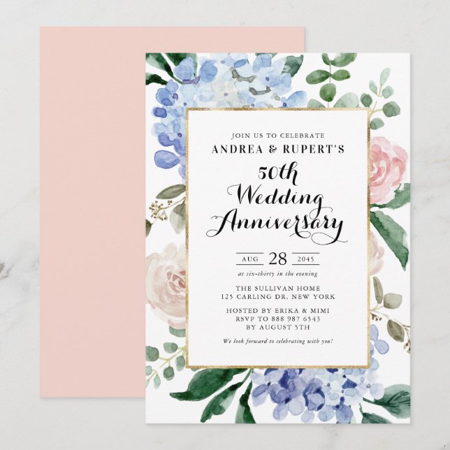 Invitation 50e anniversaire de Mariages rose et Blue Hydrange (Devant / Derrière)