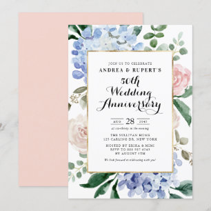 Invitation 50e anniversaire de Mariages rose et Blue Hydrange