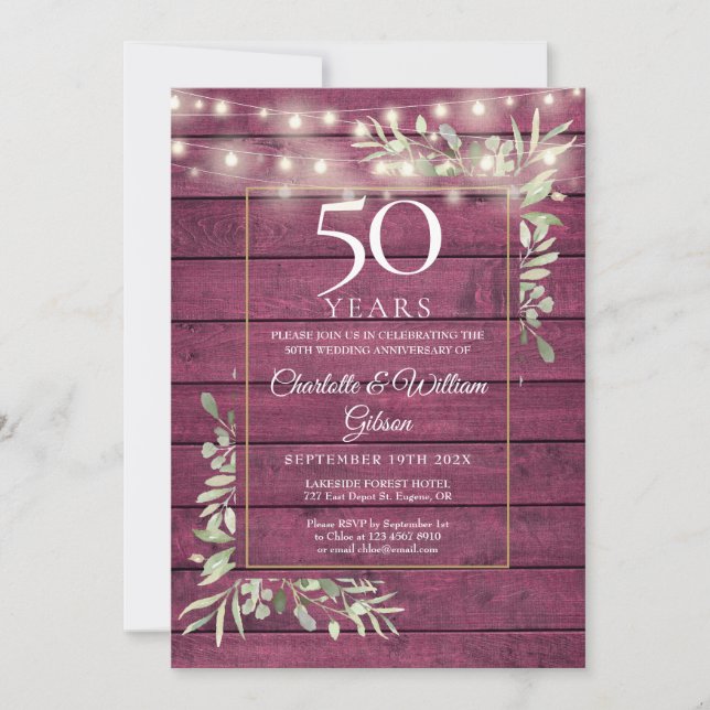 Invitation 50e Anniversaire de verdure Éclairage à cordes Boi (Devant)