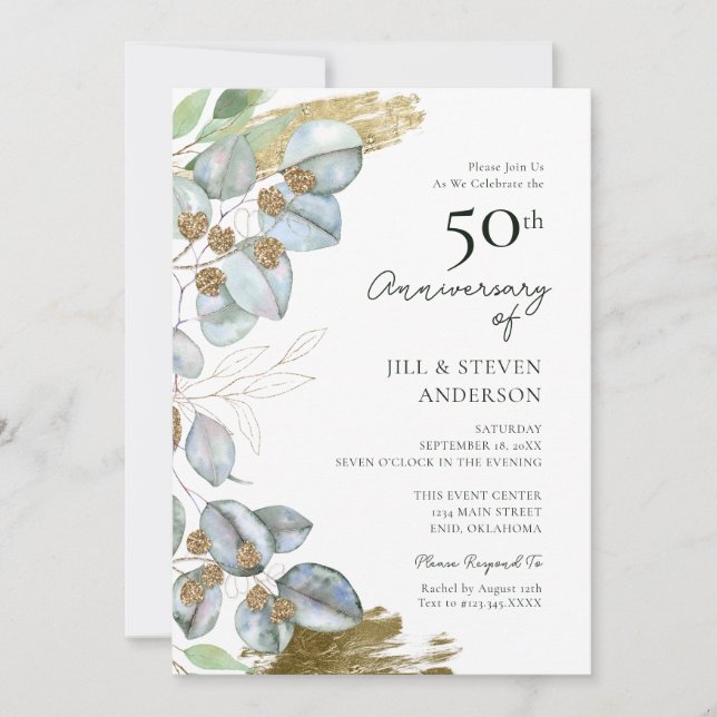 Invitation 50e Anniversaire de verdure Eucalyptus Sage (Devant)