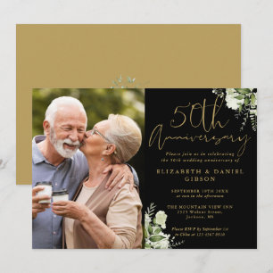 Invitation 50e Anniversaire de verdure Photo Noir et Or