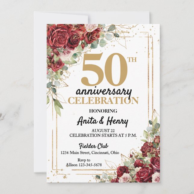 Invitation 50e anniversaire Deep Red & Gold Frame Roses (Devant)