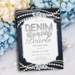 Invitation 50e anniversaire Denim Diamonds Pearls Frame