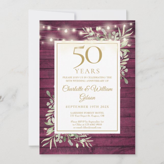 Invitation 50e Anniversaire des lumières à cordes Bois Rouge  (Devant)