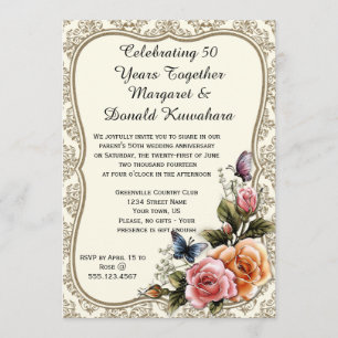 Invitation 50e anniversaire des Roses Gold Damask Gold Frame
