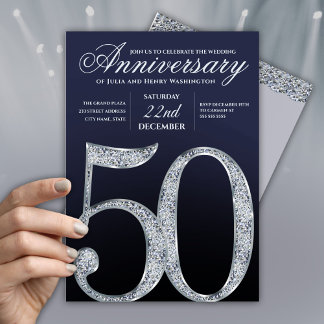 Invitation 50e Anniversaire Diamant Argent Bleu Marine Modern