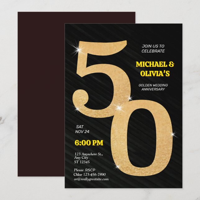Invitation 50e Anniversaire d'or et de noir étincelant (Devant / Derrière)