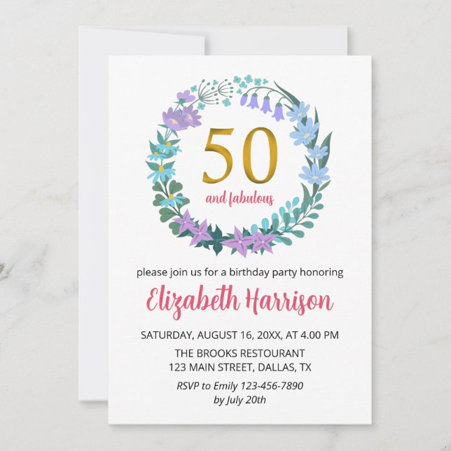 Invitation 50e Anniversaire d'or Fête Floral Wreath Bluebells (Devant)