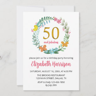 Invitation 50e Anniversaire d'or Fête Floral Wreath Papillon