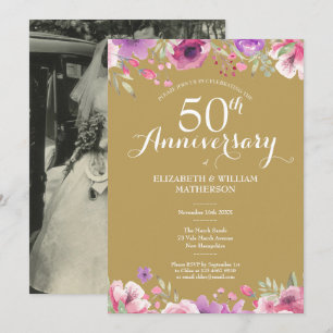Invitation 50e Anniversaire d'or Mariage photo Roses floraux