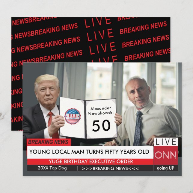 Invitation 50e anniversaire 🎙️ Drôle de Trump TV News Card (Devant / Derrière)