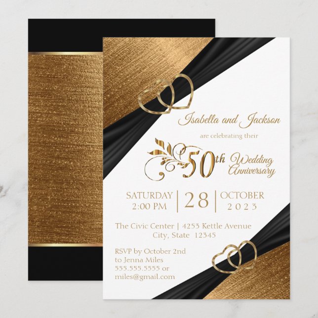 Invitation 50e anniversaire du coeur doré foncé (Devant / Derrière)