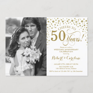 Invitation 50e anniversaire du Mariage avec photo - Blanc or
