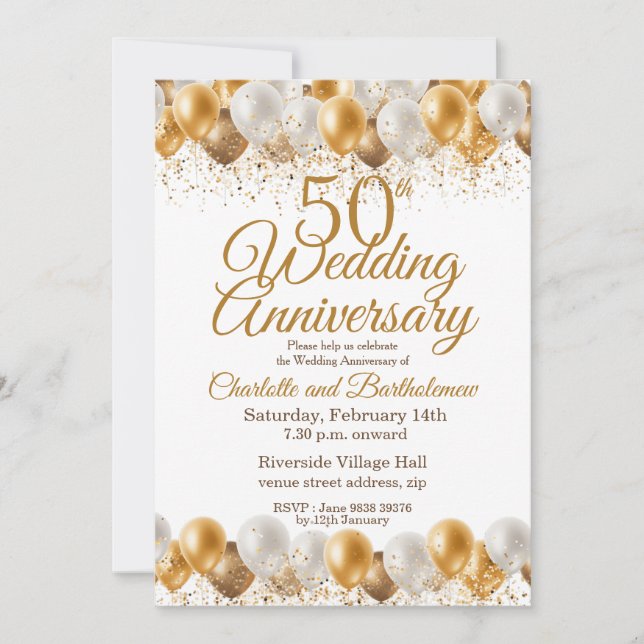 Invitation 50e anniversaire du Mariage Ballons d'or (Devant)