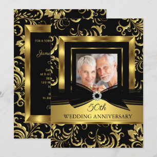 Invitation 50e anniversaire du Mariage Black Gold Damask Phot