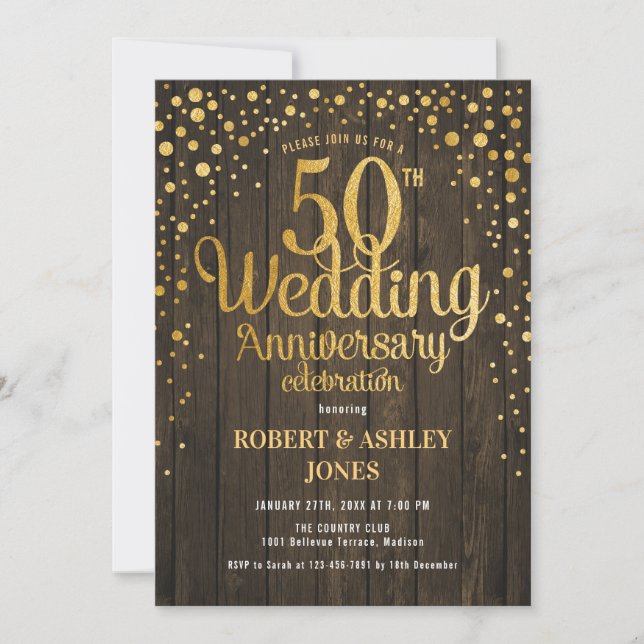Invitation 50e anniversaire du Mariage - Bois & Or (Devant)