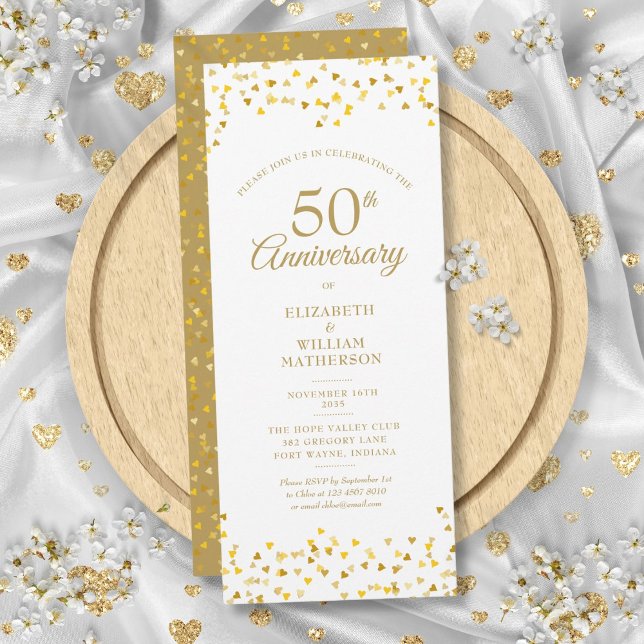 Invitation 50e anniversaire du Mariage Coeurs d'amour dorés (50th Wedding Anniversary Golden Love Hearts Invitation)