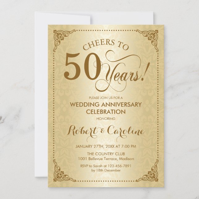Invitation 50e anniversaire du Mariage - Damas d'or (Devant)