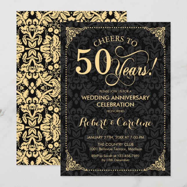 Invitation 50e anniversaire du Mariage - Damas Noir Or (Devant / Derrière)