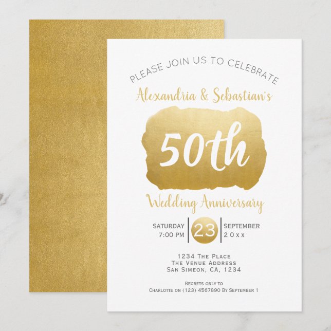 Invitation 50e anniversaire du Mariage Faux Gold personnalisé (Devant / Derrière)