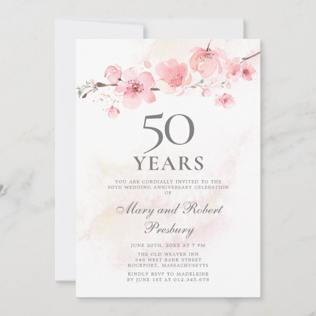 Invitation 50e anniversaire du Mariage Fleur de cerisier rose (Devant)