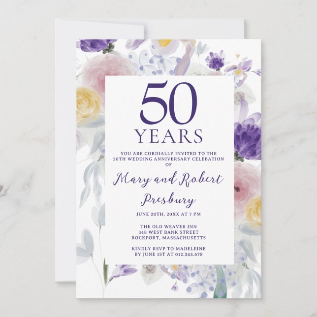 Invitation 50e anniversaire du Mariage Floral rose violet (Devant)