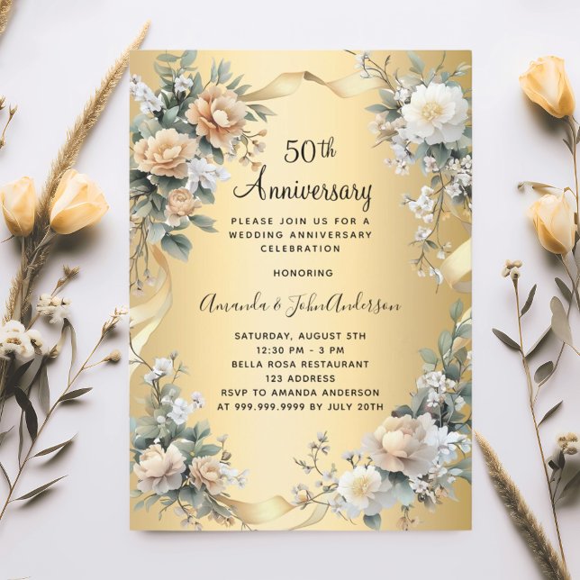 Invitation 50e anniversaire du mariage floraux jaunes d'or (Créateur téléchargé)