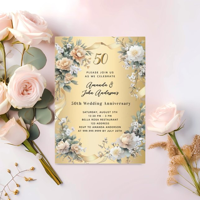Invitation 50e anniversaire du mariage floraux jaunes d'or (Créateur téléchargé)
