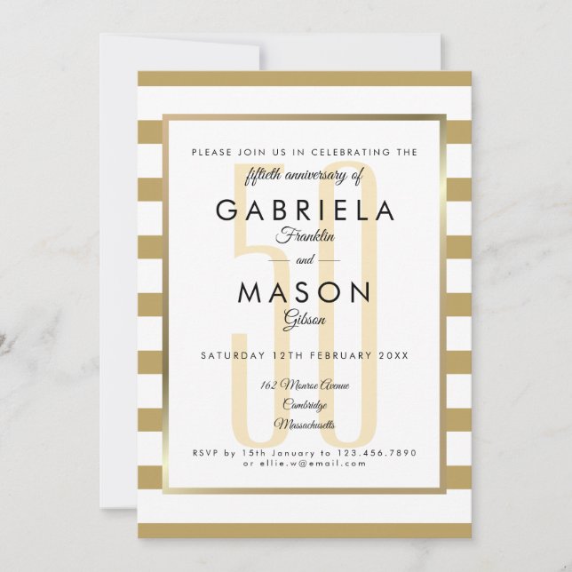 Invitation 50e anniversaire du Mariage Golden Modern Stripe (Devant)