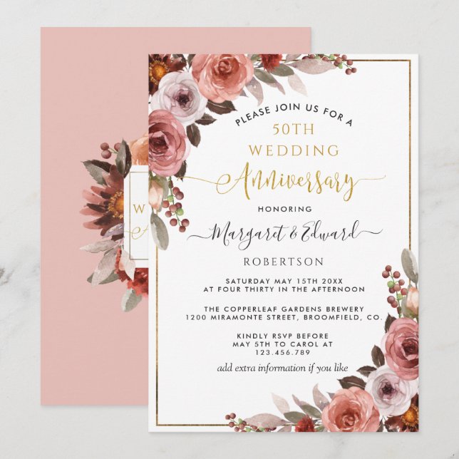 Invitation 50e anniversaire du Mariage, or et florale blush (Devant / Derrière)