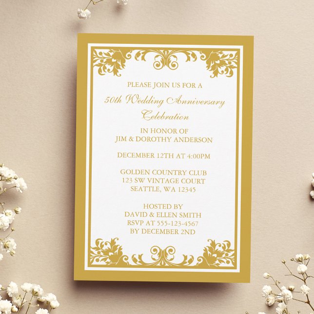 Invitation 50e anniversaire du Mariage Parchemin fleuri doré (Créateur téléchargé)