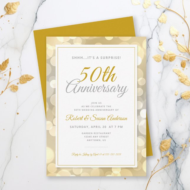 Invitation 50e anniversaire du Mariage Surprise | Gold Bokeh (Créateur téléchargé)