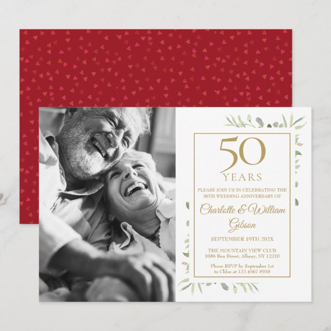 Invitation 50e anniversaire du Mariage Vert Amour Coeur Photo (Devant / Derrière)