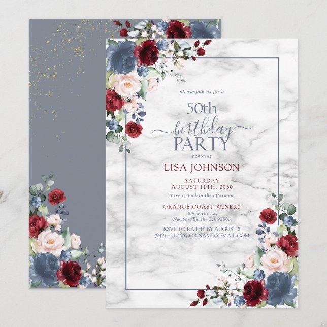 Invitation 50e anniversaire Dusty Blue Bourgogne Blush Gold (Devant / Derrière)