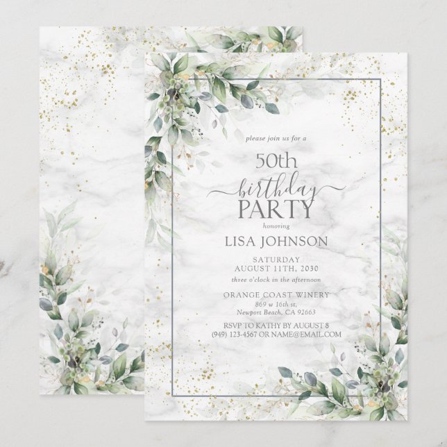 Invitation 50e anniversaire Dusty Eucalyptus or botanique (Devant / Derrière)