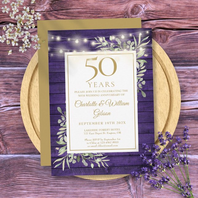 Invitation 50e Anniversaire Éclairage à cordes Violet Bois Fo (50th Anniversary String Lights Purple Wood Foliage Invitation)