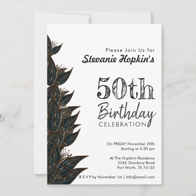 Invitation 50e anniversaire Elégant blanc moderne Botanique (Devant)