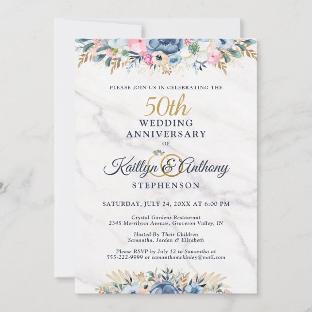 Invitation 50e Anniversaire Élégant Floral Bleu Marine Doré (Devant)