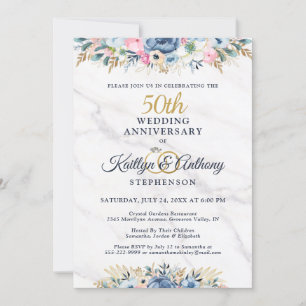Invitation 50e Anniversaire Elégant Floral Gold Navy bleu