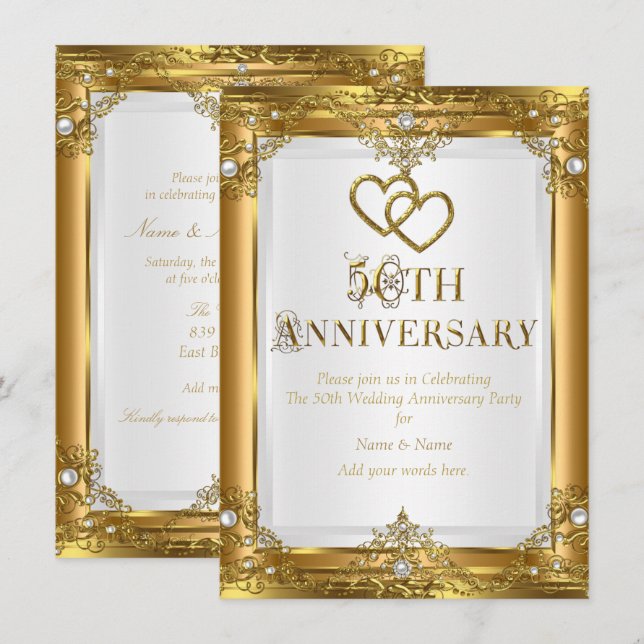 Invitation 50e Anniversaire Elégant or blanc perle dorée (Devant / Derrière)