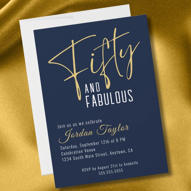Invitation 50e anniversaire Elegant Script Navy et or (Créateur téléchargé)